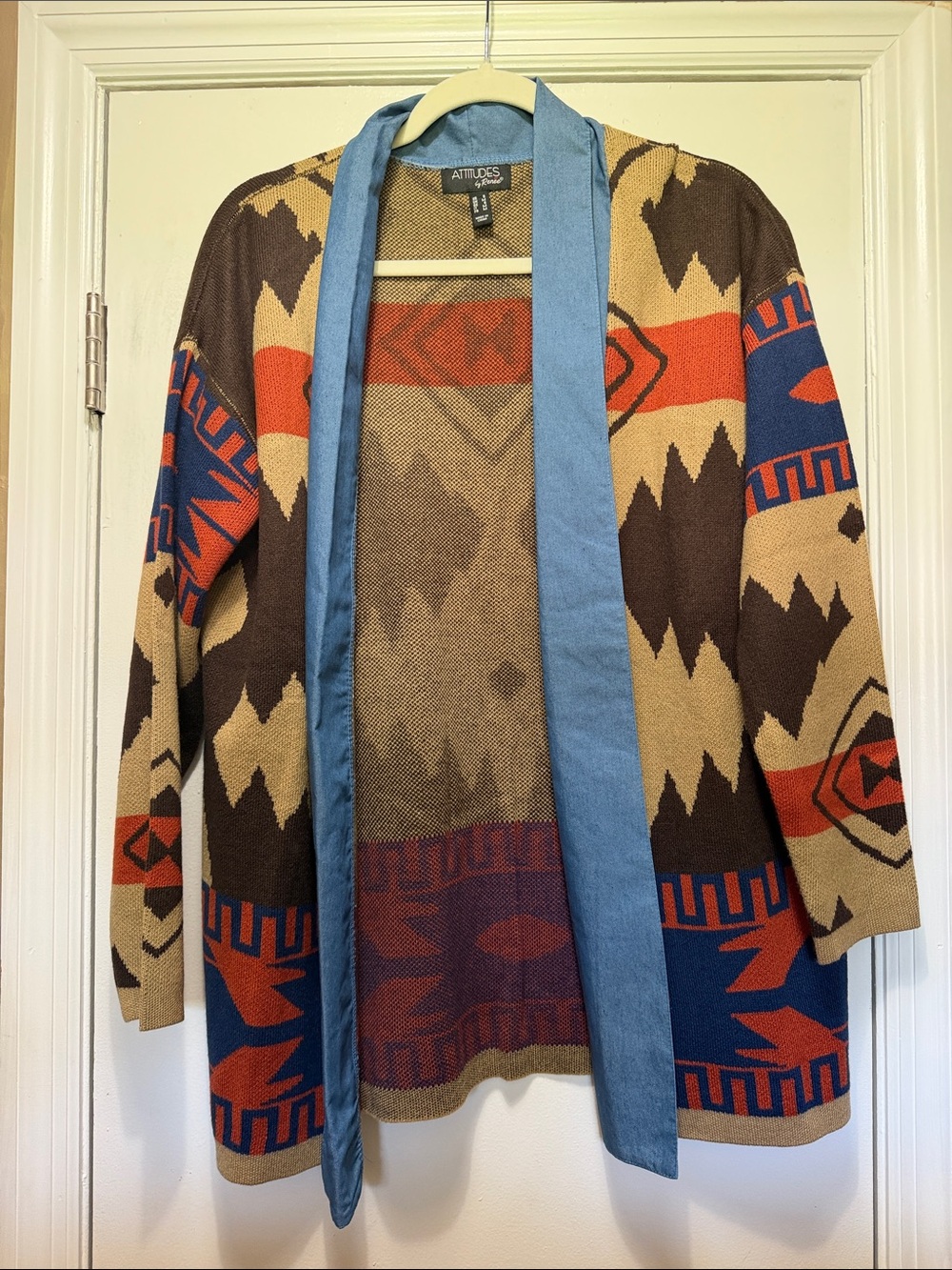 Attitudes by Renee Southwestern Aztec Cardigan in Brown, Tan, Blue & Orange